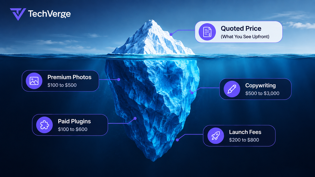 Hidden website development costs iceberg showing photos, copywriting, plugins and launch fees